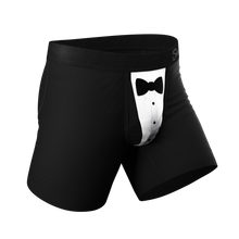 Load image into Gallery viewer, A close-up of stylish tuxedo boxers with bow tie detail.