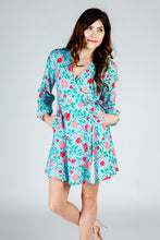 Load image into Gallery viewer, green and blue rose wrap dress