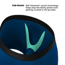 Load image into Gallery viewer, Dark blue Ball Hammock® pouch underwear with logo close-up.