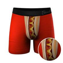 Load image into Gallery viewer, A close-up of hot dog-themed Coney Islands Ball Hammock® boxer briefs.
