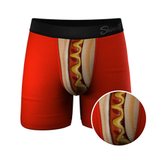 Load image into Gallery viewer, A close-up of hot dog-themed Coney Islands Ball Hammock® boxer briefs.