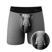 Load image into Gallery viewer, Elephant-themed boxer shorts with unique fly design, inspired by the elephant's trunk sensitivity and male genitalia length.