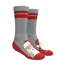 Load image into Gallery viewer, A pair of socks with a Santa Claus and cartoon character design from The Just A Bit Jolly | Heel Hammock‚Ñ¢ Crew Socks 3 Pack.