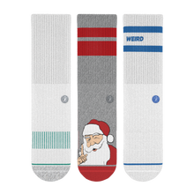 Load image into Gallery viewer, A group of socks featuring Santa Claus, a white fabric, a sock, a blue button, and a Santa Claus image.