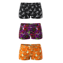 Load image into Gallery viewer, Group of Halloween-themed boyshort underwear with various designs including skeletons, ghosts, and cartoon characters.