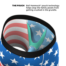 Load image into Gallery viewer, Close-up of American Flag Ball Hammock® pouch underwear featuring a flag, hat, fabric, star, and bird details.
