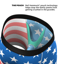 Load image into Gallery viewer, Close-up of American Flag Ball Hammock® pouch underwear featuring a flag, hat, fabric, star, and bird details.