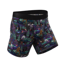 Load image into Gallery viewer, A pair of men's underwear featuring a spooky ball hammock® pouch with cryptid-themed cartoons.