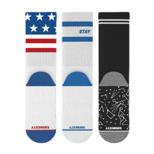 Load image into Gallery viewer, A trio of unique design crew socks from The Necessities | Heel Hammock‚Ñ¢ Crew Socks 3 Pack.