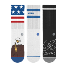 Load image into Gallery viewer, The Necessities | Heel Hammock‚Ñ¢ Crew Socks 3 Pack: socks with various designs, a button, a sweater with a logo, a screen with a coin, and stars.