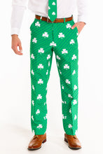 Load image into Gallery viewer, A man in The Blarney Bagpiper suit pants with clover pattern, close-up of shoe.