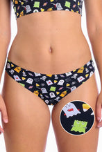 Load image into Gallery viewer, A close-up of The Good Ghouls Halloween Themed Seamless Thong featuring cute ghosts inspired by favorite Halloween monsters.