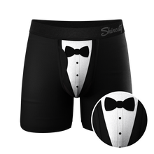 Load image into Gallery viewer, The 009 Black Tuxedo Ball Hammock® Pouch Underwear with Fly, a stylish tuxedo boxers with a bow tie for a classy look.
