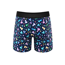 Load image into Gallery viewer, The Family Jewels Ball Hammock® Pouch Underwear with Fly featuring colorful crystals and butterflies.