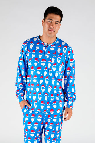 The 50 Shades of Santa | Mens Blue Santa Faces Christmas Pajama Top