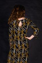 Load image into Gallery viewer, Women&#39;s gold and black midi dress
