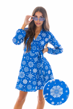Load image into Gallery viewer, The Ice Never Melts | Blue Snowflake Christmas Wrap Dress
