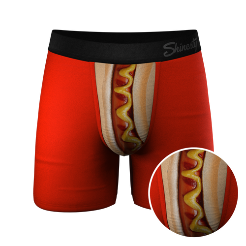A close-up of hot dog-themed Coney Islands Ball Hammock® boxer briefs.