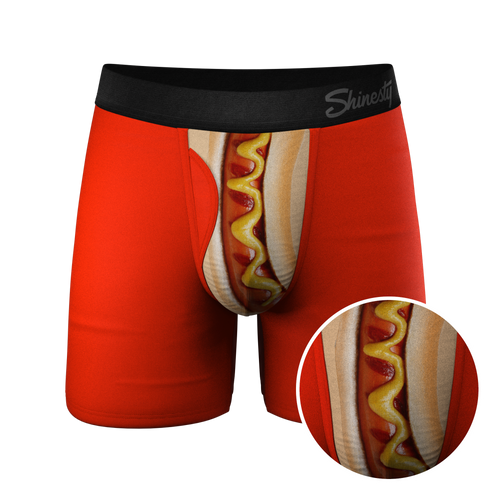 A close-up of The Coney Islands hot dog Ball Hammock¬Æ pouch underwear with fly.