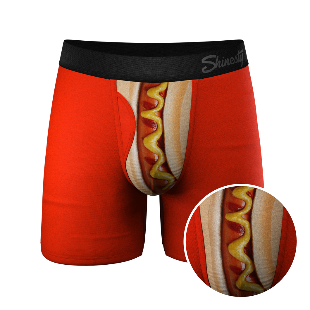 A close-up of The Coney Islands hot dog Ball Hammock¬Æ pouch underwear with fly.