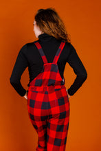 Load image into Gallery viewer, red buffalo check holiday overalls for women
