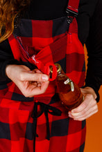 Load image into Gallery viewer, red and black lumberjack pajamaralls with bottle opener

