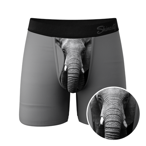 Elephant-themed boxer shorts with unique fly design, inspired by the elephant's trunk sensitivity and male genitalia length.