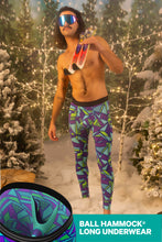 Load image into Gallery viewer, A man in tights holding skis, ready to party in The Le Tootski | Neon Rave Ball Hammock¬Æ Long Johns.
