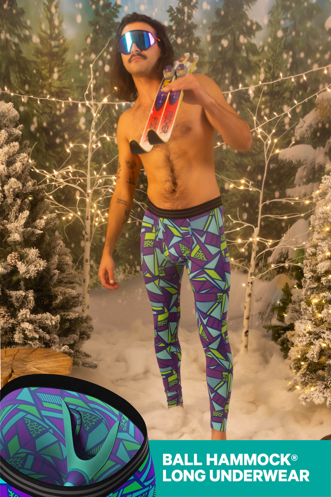 A man in tights holding skis, ready to party in The Le Tootski | Neon Rave Ball Hammock¬Æ Long Johns.