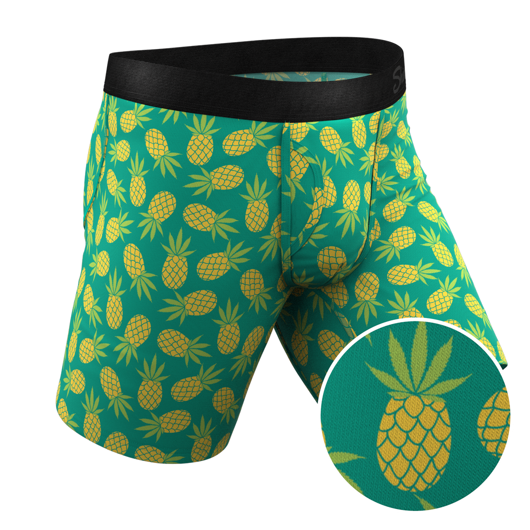 Pineapple-themed long leg Ball Hammock¬Æ pouch underwear with fly.