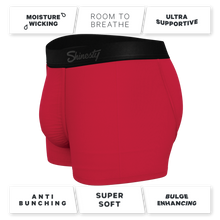 Load image into Gallery viewer, Red Velvet Ball Hammock¬Æ Pouch Trunks Underwear close-up with logo and sign details.
