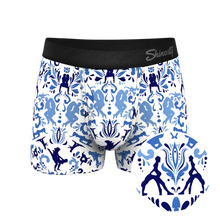 Load image into Gallery viewer, Boxer briefs with unique designs, close-up fabric shots, and silhouettes of people.
