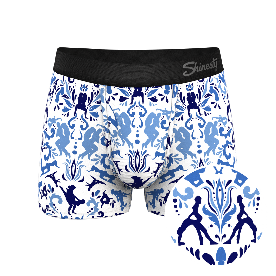 Boxer briefs with unique designs, close-up fabric shots, and silhouettes of people.