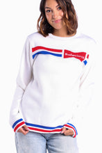 Load image into Gallery viewer, White, red and blue Holiday Sweater
