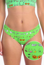 Load image into Gallery viewer, A close-up of a woman&#39;s body wearing The Haunted Honkers Halloween Bust Seamless Thong.
