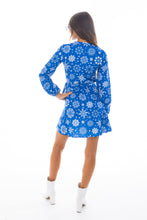 Load image into Gallery viewer, Blue wrap dress with snowflakes
