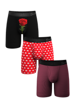 Load image into Gallery viewer, Men&#39;s long leg Ball Hammock underwear 3 pack featuring unique designs including a rose pattern and a love letter theme.
