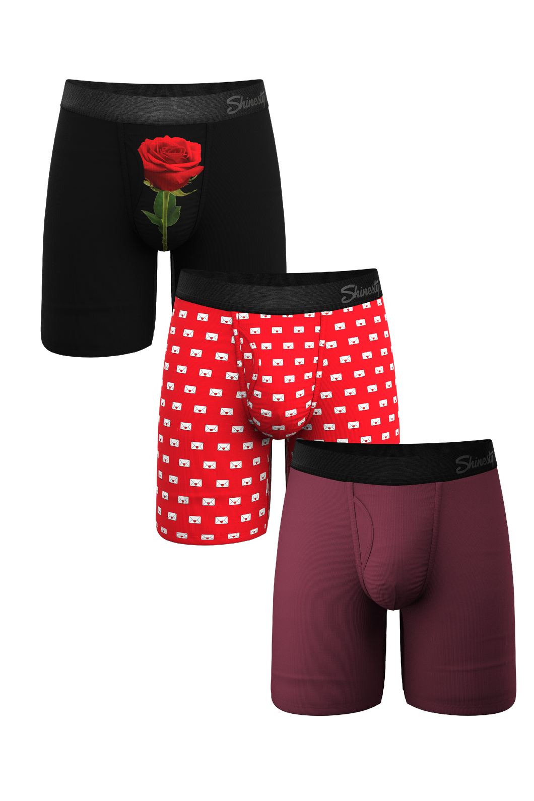 Men's long leg Ball Hammock underwear 3 pack featuring unique designs including a rose pattern and a love letter theme.