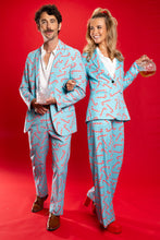 Load image into Gallery viewer, A man and woman in matching Xmas outfits, featuring The Peppermint Pimp Canes | Candy Cane Women&#39;s Suit.
