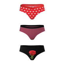 Load image into Gallery viewer, Close-up of The Love Letter Valentine&#39;s Themed Cheeky Underwear 3 Pack, featuring various designs including roses and envelopes.
