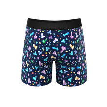 Load image into Gallery viewer, The Family Jewels Ball Hammock¬Æ Pouch Underwear with Fly featuring colorful crystals and butterflies.
