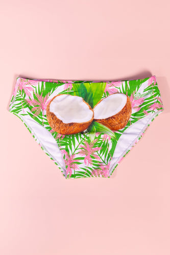 A pair of garment bottoms featuring coconuts and tropical vibes.