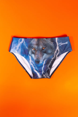 A wolf face swim brief inspired by middle school tees.