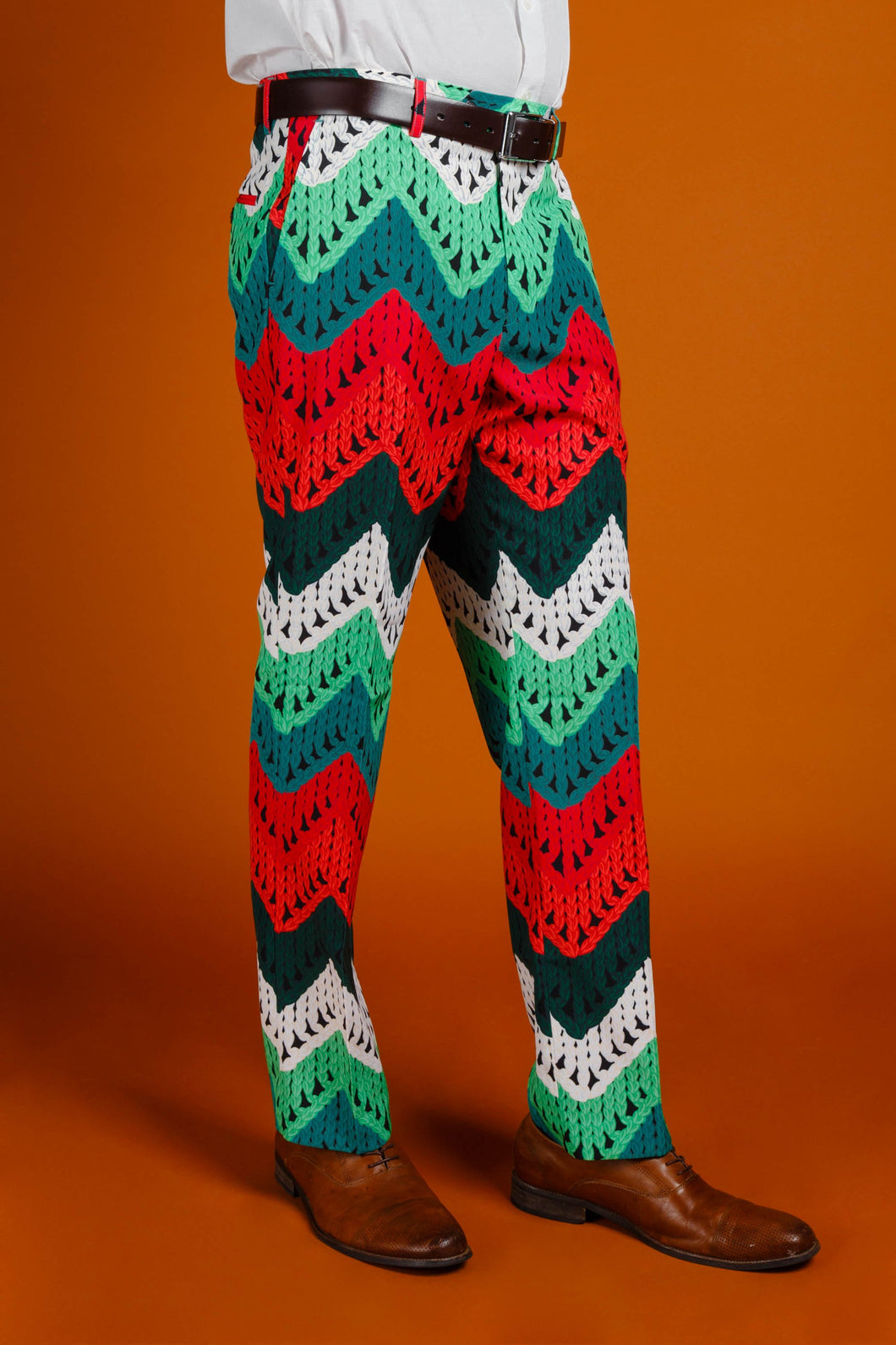 Red and green print holiday suit pants