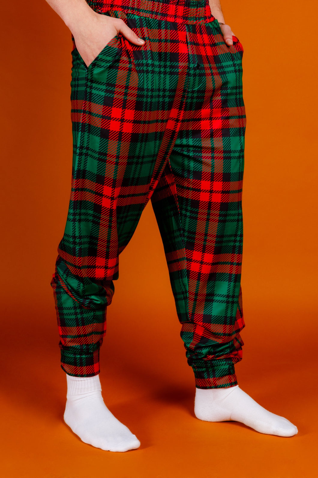 Men's red and green plaid pajama bottoms