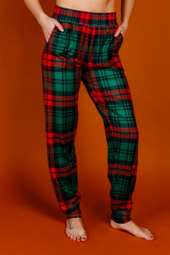 Women's red and green plaid PJ bottoms